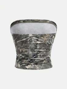 SHEIN Girlism 青少年女孩橄榄绿迷彩和裸树枝印花街头休闲舒适版型褶皱裁剪上衣背心 - 彩色 - 查看 2