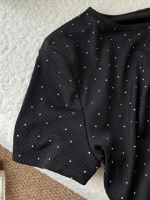 SHEIN LUNE Camiseta ajustada de mujer casual con decoración de cristales, adecuada para fiestas y salidas