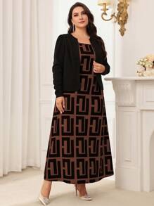 Modelyn Conjunto de 2 piezas de talla grande con parte superior de manga abullonada en unicolor y vestido largo de estampado completo