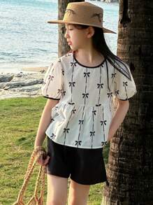 Dazy Kids 2pcs/Set Tween Girl Striped Bow Print Puff Sleeve Top And Shorts Set Vacation - White - View 3