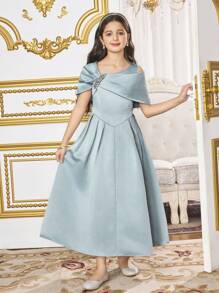 SHEIN Tween Girl Asymmetrical Neckline Short Sleeve Rhinestone Decor Elegant Dress - Green - View 9