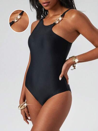 SHEIN Swim Women's Black Sexy Bodycon Elegant Athletic One-Piece Swimsuit Beachwear For Summer Beach Vacation
