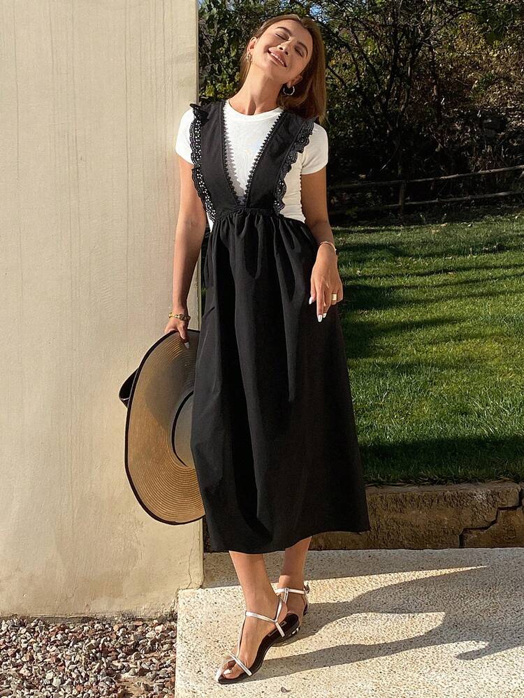 Women's V-Neck Lace Patchwork Waisted Jumper Midi Dress,Ruffle