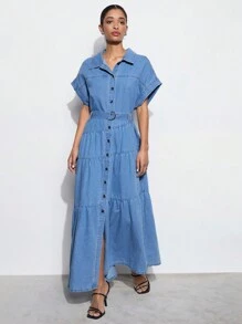 Maija 女士休闲宽松短袖牛仔连衣裙，蓝色 - 中等水洗藍 - 查看 4