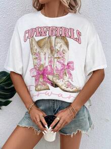 SHEIN LUNE 波西米亚风女式钩针编织仿印花白色长袖圆领T恤女式夏季音乐会女式波西米亚风西部风女式夏季 - 白色 - 查看 6