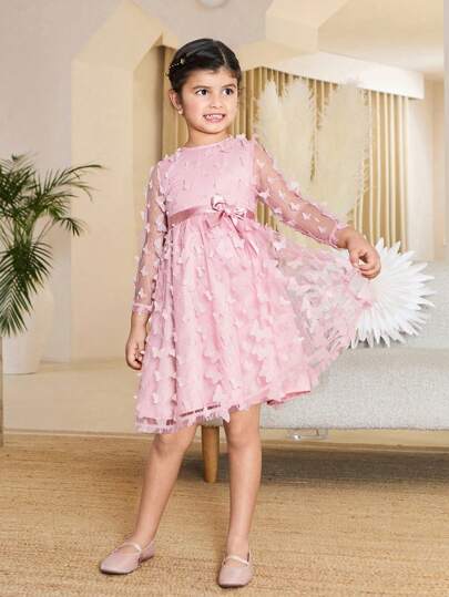 Young Girls' Floral Mesh A-Line Dresses With Round Neck And Long Sleeves, Vacation Resort & Party Style