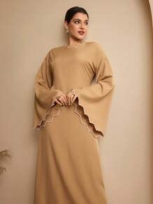 Graceveil Women's Embroidered Bell Sleeve Modest Elegant Wrap Waist Arabic Style Dress