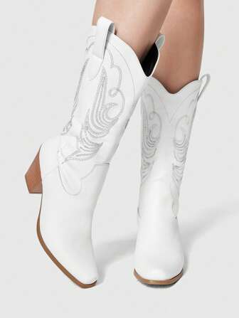 Fairycore Women's Square Toe Chunky Heel Western Embroidered Boots, Slip On Design, Leather Upper, Mid-Calf, Spring/Autumn New Outdoor Fashion