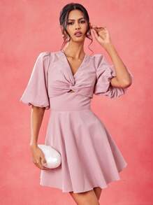 EBIB Designer Pink Front Twisted Wrap Cut Out Back Dress Summer Elegant Sun Dress, Wedding Season, Festival For Women, Concert,Vacation, Concert Outfit Prom Dress Rave Outfit