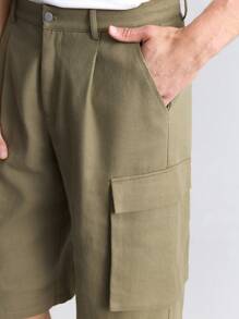 Ontre Men's Solid Color Front Button Pocket Casual Loose Shorts - Army Green - View 3