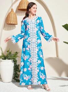 SHEIN 少女花卉印花连衣裙，蕾丝下摆，宽松版型，度假风格 - 藍色 - 查看 3