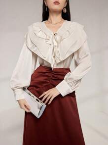 Modelyn Women's Ruffle Trim Tied Chiffon Blouse - Apricot - View 1