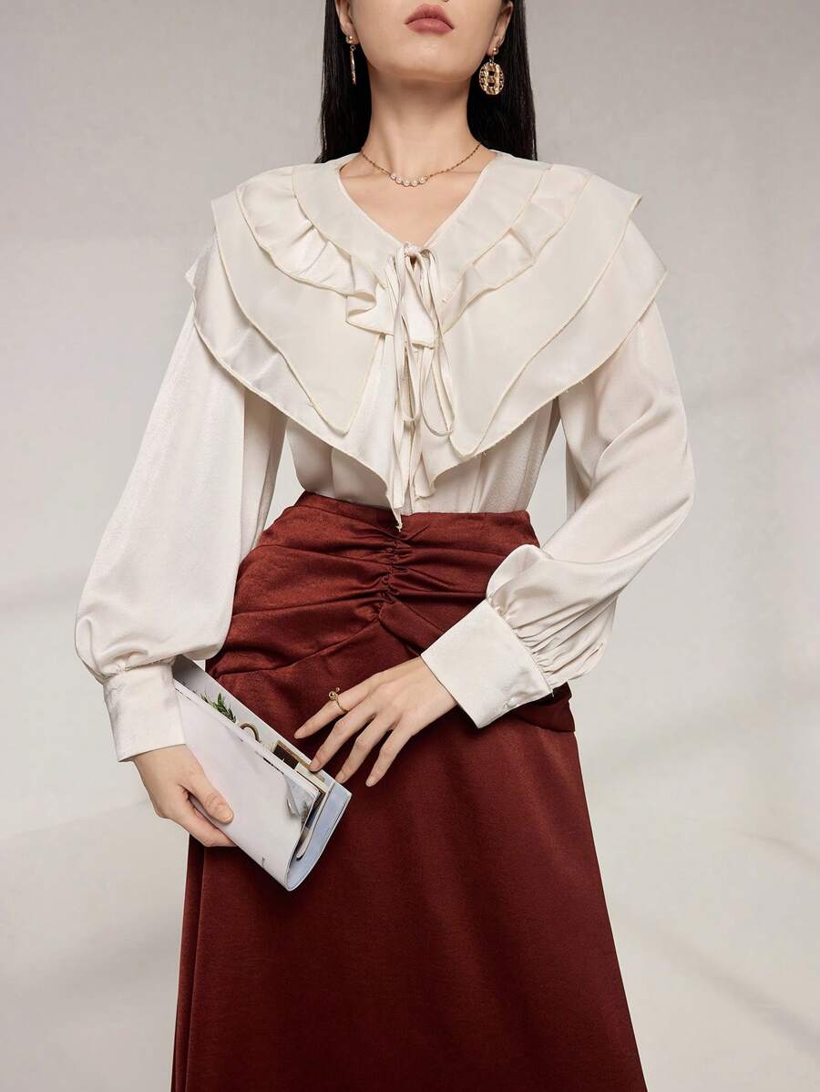 Modelyn Women's Ruffle Trim Tied Chiffon Blouse - Apricot - View 1