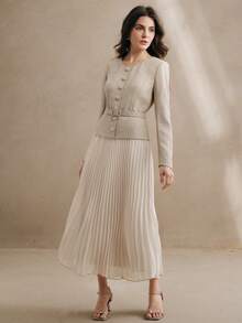 Anewsta Vestido largo de mujer de manga larga con cinturón en la cintura y pliegues, atuendo para el Día de San Valentín y Año Nuevo