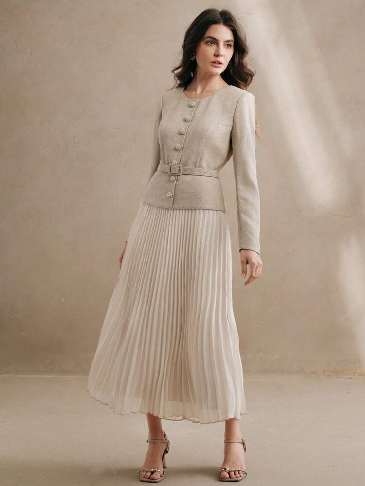 Women Long Sleeve Belted Waist Pleated Maxi Dress, Valentine's Day & New Year's Outfit
