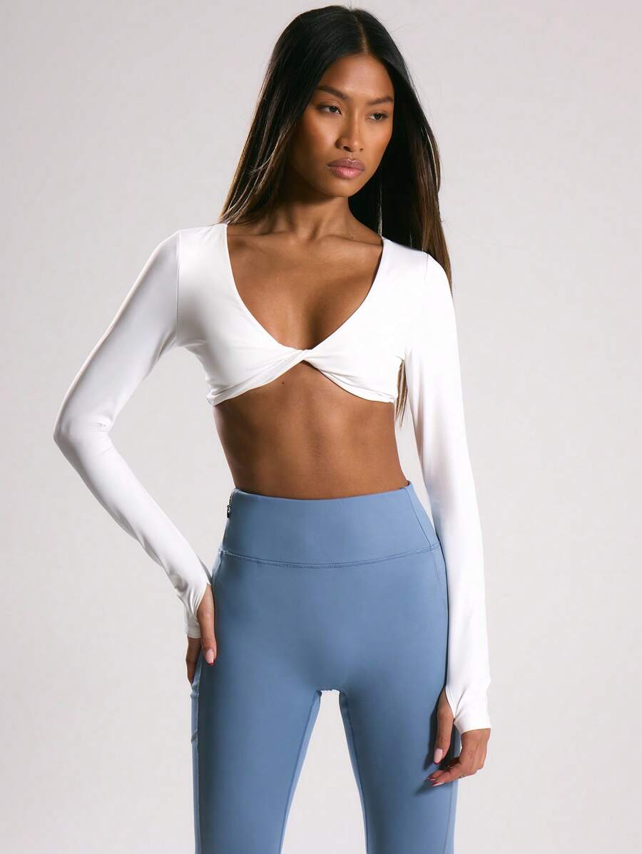 Musera Sport Twist Front Long Sleeve Thumb Hole Activewear Crop Top, Padel, Tennis, Pickleball Gym Fitness Fall  Yoga Pilates Daily Casual - White - View 1