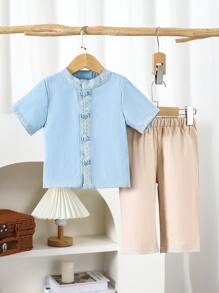 2pcs/Set Toddler Boys' Chinese Style Summer Printed Woven Buttons Hanfu Shorts Set, Suitable For Casual Daily Wear - Blue - View 4