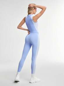 Lifespree Women Solid Color Splice Simple Fitted Seamless High Elastic Yoga Set