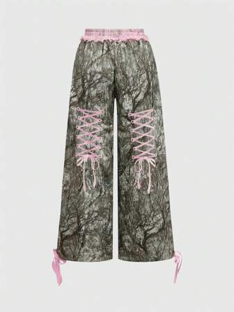 ROMWE Avant Pantalón de chándal holgado para mujer con bordado en inglés, encaje y estampado de camuflaje picante estilo Y2K Streetwear