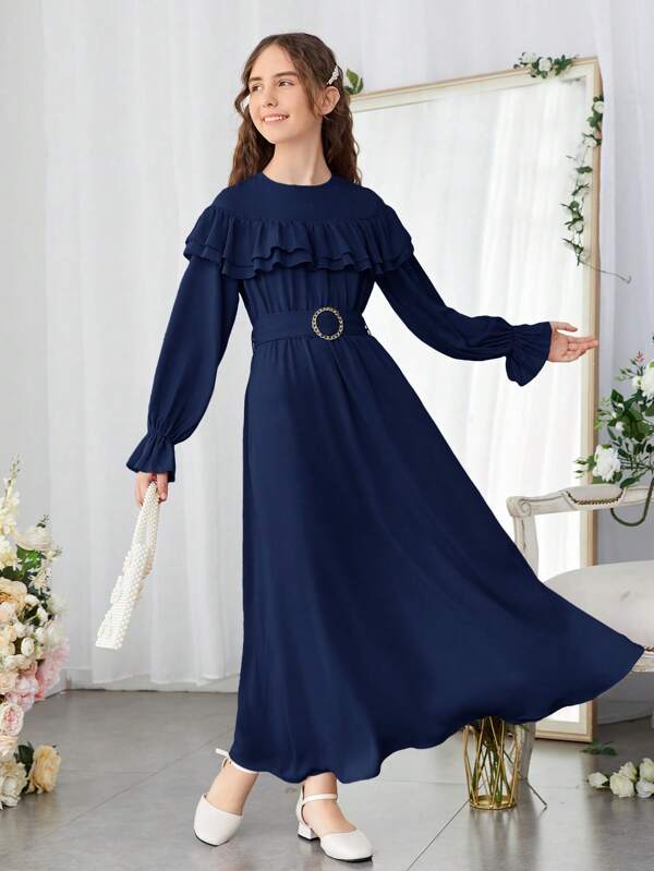 SHEIN Teen Girls' Woven Solid Color Long Sleeve Ruffle Trim Casual Dress