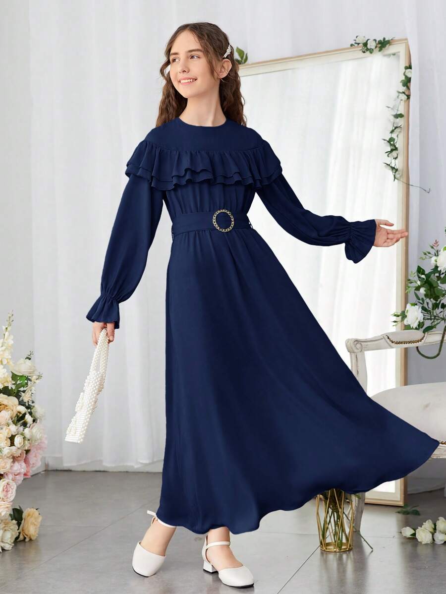 SHEIN Teen Girls' Woven Solid Color Long Sleeve Ruffle Trim Casual Dress - Navy Blue - View 1