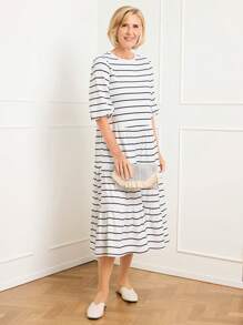 SHEIN LUNE Casual Striped Print Bubble Split Hem Mid-Sleeve Patchwork Dress For Women, Spring/Summer - Black and White - View 4