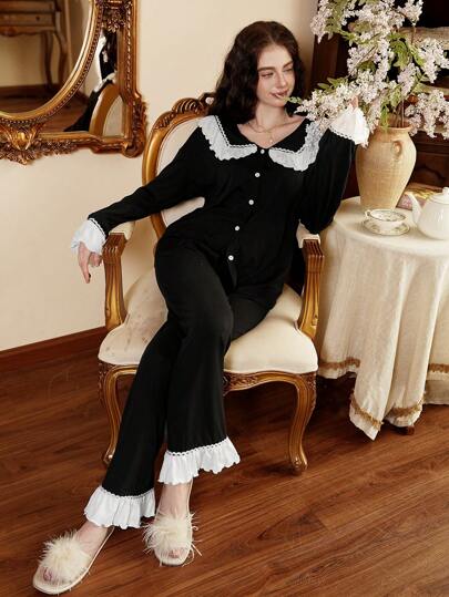 Côtesoire 2 pièces Ensemble de pyjama avec Top à manches longues à ouverture frontale et pantalon de couleur contrastée. Vêtements pour les vacances, l'automne et l'hiver