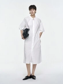 Aalyst 女式长款立领泡泡袖纽扣衬衫，宽松版型，春夏 - 白色 - 查看 3