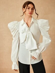 metadea 设计师商务休闲白色棉质优雅蝴蝶结泡泡袖长袖修身衬衫节日、办公室 - 白色 - 查看 7
