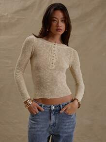 MUSERA Textured Knit Button Down Fitted Long Sleeve Top Spring Cute Casual Spring Y2K 90's Casual Cute Butter Yellow Butter Wouldn't Melt Chic - Yellow - View 1