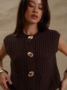 MUSERA Thick Cable Knit Boxy Fit Abstract Button Detail Front Pocket Sleeveless Sweater Vest Spring Cute Spring Y2K 90's Casual Summer Holiday Airport Back To School Winter Everyday Work Office Chic - Brown - View 4