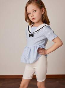 PrepCrw Conjunto de blusa de punto con cuello azul a rayas y blanco, y pantalones cortos de punto blancos para niñas jóvenes en primavera/verano - Multicolor - Ver 5
