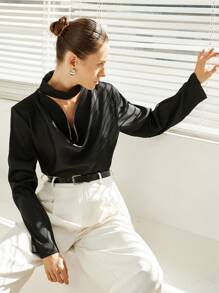 SHEIN Privé 优雅通勤垂坠领镂空设计长袖宽松纹理闪亮女士衬衫 - 黑色 - 查看 7