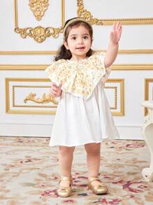 SHEIN Vestido De Babado Com Estampa Floral Dourada Fofa Para Bebê Menina No Verão