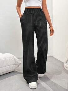 Flirla Tall Women's Casual Striped Low-Waist Trousers, Spring Fall Cloth For Women - Black - View 5