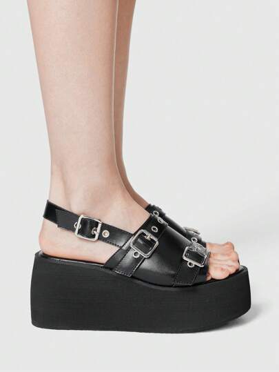 Goth Women's Buckle Detail Round Toe Platform Wedge Heel Roman Sandals, PU Material Black Shoes Suitable For Graduation Photos, Casual