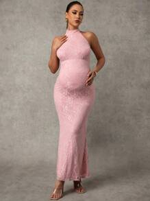 MaterniChic Maternity Lace V-Neck Dress With Bow Accent, Pink Color