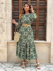 Flirla Plus Size Boho Ruffle Cutout Ruffle Hem Loose Long Dress, For Summer - Green - View 2