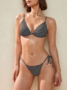 SHEIN Swim Conjunto de bikini de 2 piezas con textura de rayas náuticas, contraste de sujeción y diseño sexy casual elegante para ir a la playa en primavera - Blanco y Negro - Ver 5