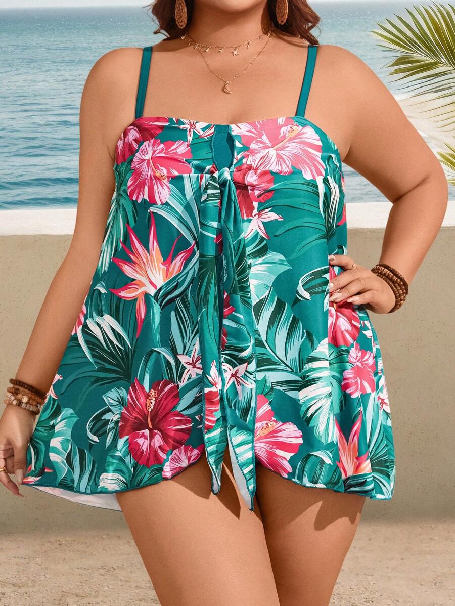 Swim Lushoire 加大码女式花卉印花前系带无袖细肩带泳衣，适合夏季海滩度假 - 彩色 - 查看 1
