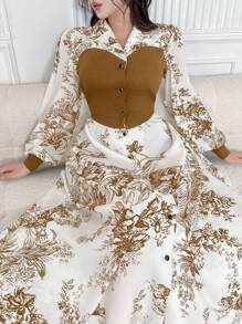 Modelyn 女士纯色前纽扣长袖中长连衣裙 - 棕色 - 查看 5