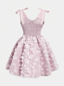 Pitira Pitira Tween Girl Floral Patchwork Bow Strap Cami Dress - Baby Pink - View 2