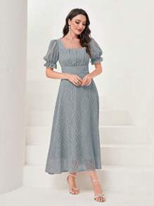 Modelyn Women's Square Neck Short Puff Sleeve Ruffle Elegant Long Dress - Mint Blue - View 4