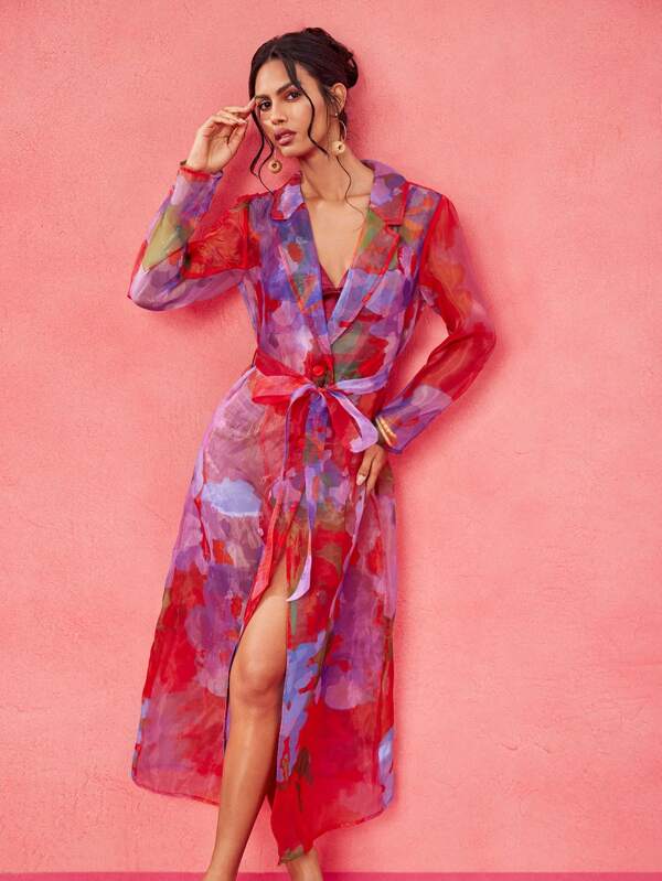 Eva Novielli Designer Spring And Summer Dopamine Sheer Organza Colorful Floral Printed Fashionable Rave Trench Coat, For Festival, Spring Break Beach Cover Up Resort Dresses For Women Resort Outfits Women Vacation Dresses For Women Beach Outfits For Woman Resort Wear Colorful Dresses For Women Vacation Outfits Women Resort Wear Resort Wear For Women Women Summer Set
