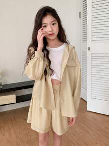 Dazy Kids 2pcs Tween Girl Plain Front Button Long Sleeve Top And Shorts Set - Yellow - View 5