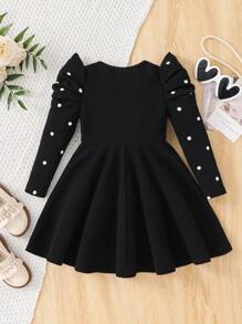 SHEIN Young Girl Knit Splicing Crew Neck Long Sleeve Dress - Black - View 2