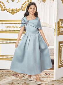 SHEIN Tween Girl Asymmetrical Neckline Short Sleeve Rhinestone Decor Elegant Dress - Green - View 8