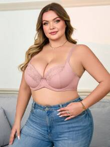 1 pieza Sujetador de lencería de talla grande con parches de encaje y copa suave - Rosa vieja - Ver 3