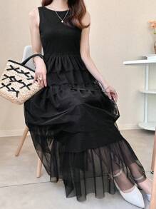 FRIFUL Vestido negro largo y entallado de malla con silueta A, vestido de fiesta, vestido de invitada para bodas, conjunto formal de vacaciones para mujer, vestido de verano elegante