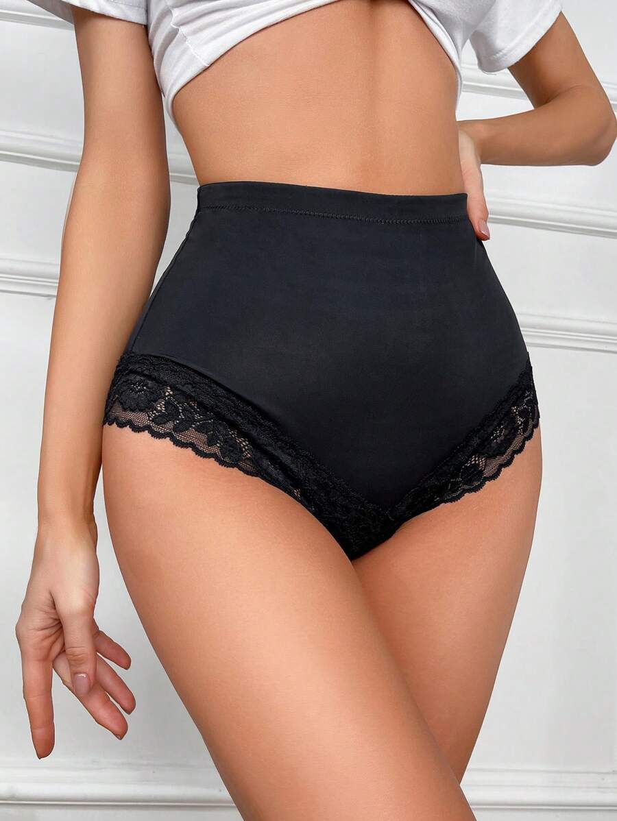 1pc Ladies Seamless Shapewear Panties With Elegant Lace Patchwork Design - Black - View 1